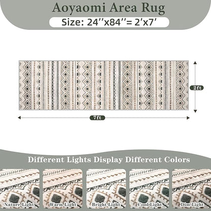 Runner Rug 2x7 Boho Geometric Area Rugs: Washable Kitchen Entryway Rug, Soft Non Slip Moroccan Long Hallway Rugs for Bedroom Bathroom Laundry Entryway Staircase Foyer(Brown Green,2'x7')
