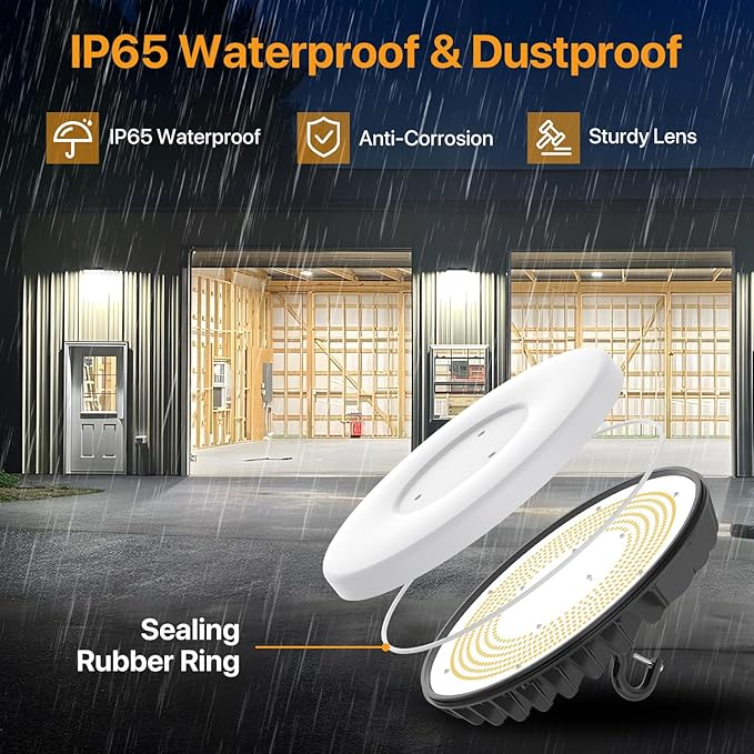 LED Shop Lights 150W - 18000LM UFO LED High Bay Light with 3 CCT Adjustable, 10%-100% Dimmable Remote Control IP65 Waterproof Garage Lighting for Workshop, 4 Packs