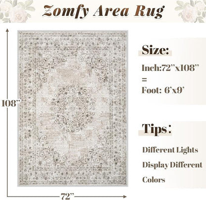 Area Rug 6x9 Vintage Rug: Washable Indoor Medallion Rugs Low Pile Distressed Floor Carpet Retro Accent Rug for Living Room Bedroom Kitchen Dining Table Home Office(Distressed Taupe, 6'x9')