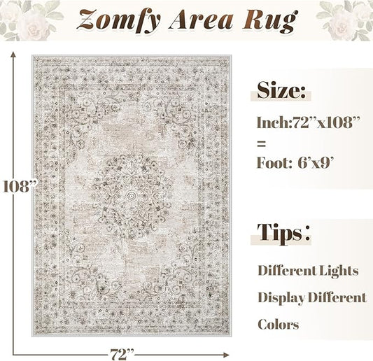 Area Rug 6x9 Vintage Rug: Washable Indoor Medallion Rugs Low Pile Distressed Floor Carpet Retro Accent Rug for Living Room Bedroom Kitchen Dining Table Home Office(Distressed Taupe, 6'x9')