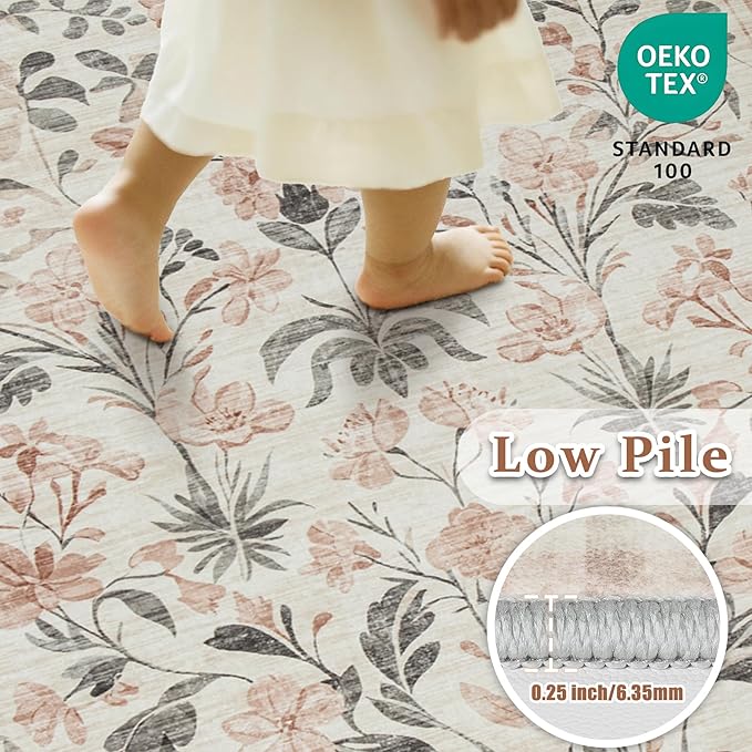 10x14 Area Rugs Washable Rug: Lagre Boho Living Room Rug Soft Non-Slip Thin Carpet Indoor Floor Non-Shedding Neutral Floral Carpets for Bedroom Dining Room Farmhouse Nursery Pink