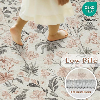 5x7 Area Rugs Washable Rug: Lagre Boho Living Room Rug Soft Non-Slip Thin Carpet Indoor Floor Non-Shedding Neutral Floral Carpets for Bedroom Dining Room Farmhouse Nursery Pink
