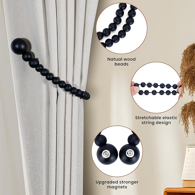 KLOGTSIND Magnetic Curtain Tiebacks, Curtain Tie Backs for Curtains 4 Pack, Wood Bead Curtain Tiebacks, Curtain Holders for Boho Bedroom Decor, Baby Nursery Decor, Farmhouse Decor