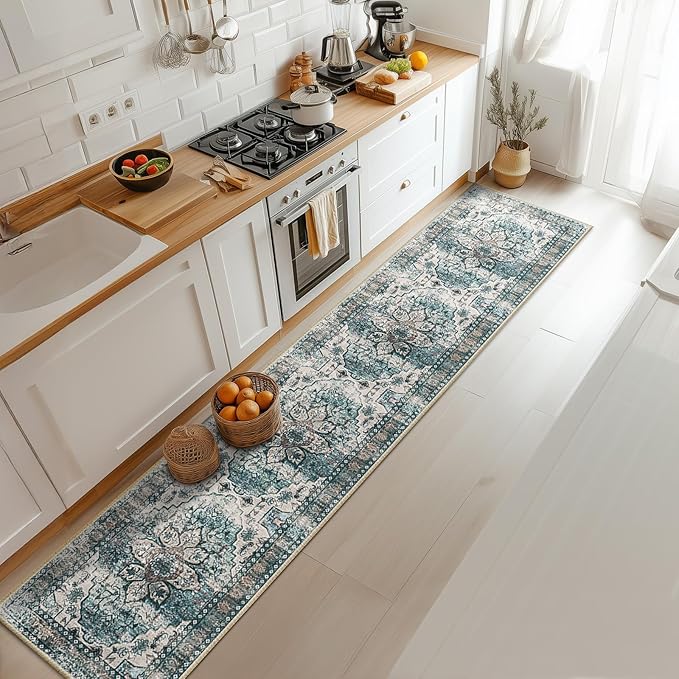 BESTSWEETIE 2x10 Area Rug Washable Rugs for Living Room, No Pile Boho Carpet for Entryway Bedroom Dinning Room, Vintage Carpet Print Distressed Non-Slip, 2 x 10 ft, Green