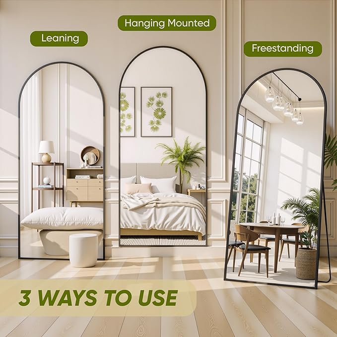 Full Length Mirror, 76"x34" Arched Full Body Mirror, Floor Mirrors with Stand, Body Mirrors Standing Hanging Leaning Against Wall,Aluminum Frame Mirrors for Bedroom Cloakroom,Living Room,Black