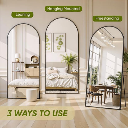 Arched Full Length Mirror 58 x 18 Inch, Full Body Mirror with Stand, Standing Hanging or Leaning Against Wall, Metal Frame Floor Mirror for Bedroom, Living Room, Cloakroom,Black