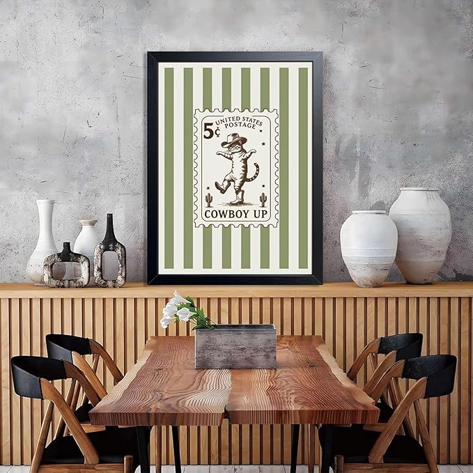 Framed Vintage Cowboy Cat Wall Art, Funny Western Cat Canvas Print Poster, Boho Ranch Animal Painting Picture, Rustic Farmhouse Nursery Wall Decor for Living Room Bedroom Kids Room 16x24Inch