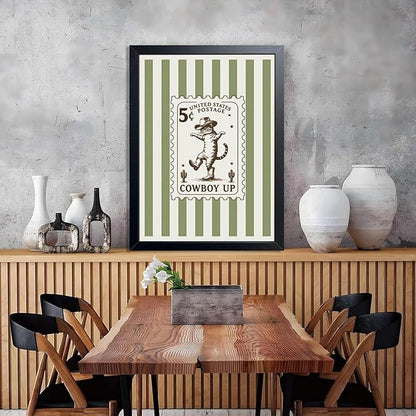 Framed Vintage Cowboy Cat Wall Art, Funny Western Cat Canvas Print Poster, Boho Ranch Animal Painting Picture, Rustic Farmhouse Nursery Wall Decor for Living Room Bedroom Kids Room 16x24Inch