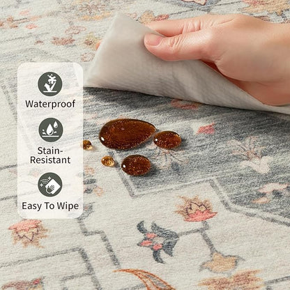Rugxara 5X7 Taupe Washable Area Rug for Living Room, Vintage Boho Rugs for Office, Dining Room, Kids Room, Farmhouse, Low Pile Non Slip Carpet for High Traffic Areas