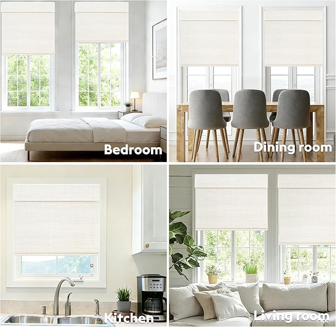 Motorized Bamboo Roman Shades, Motorized Blinds with Remote Compatible with Homekit, Alexa GoogleHome, Smart Wood Woven Shades for Indoor Windows, Customize, Sandstone Grid