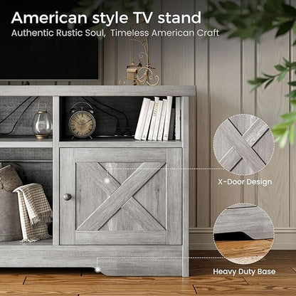 Casaottima TV Stand for 65 Inch TV, Farmhouse Entertainment Center with Power Outlet & LED Light and Storage Cabinets, Console Table and Media Furniture for Living Room Bedroom, Gray Oak