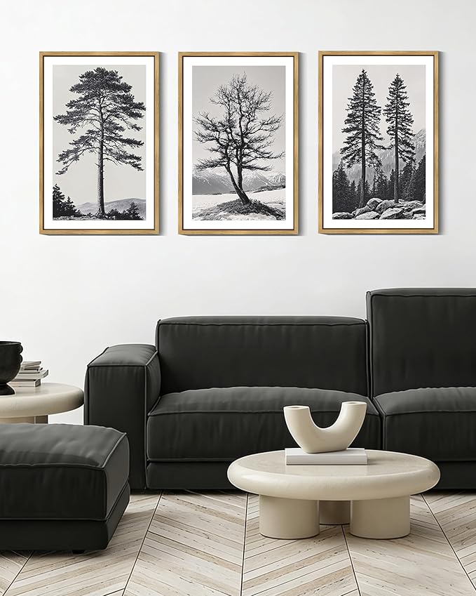 Drsoum Vintage Black Gray Tree Wall Art Framed Antique Retro Forest Prints Modern Rustic Artwork Bedroom Farmhouse Ready to Hang 16x24in Natural Framed