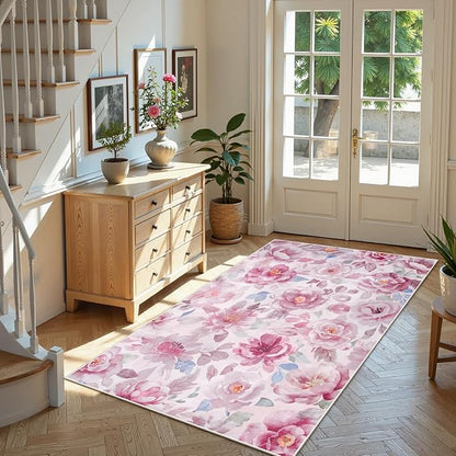 Lahome Floral 3x5 Area Rug for Bedroom, Non-Slip Entry Way Rugs Indoor Ulta-Thin Washable Stain Resistant Boho Throw Rugs for Bathroom Bedroom Vanity（3x5,Pink