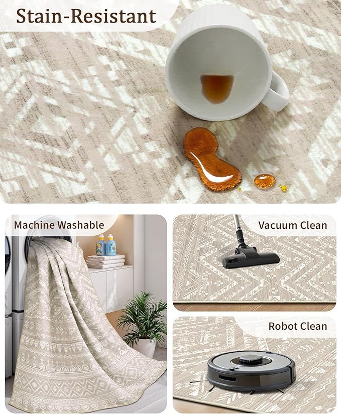 Miukiki 10x14 Area Rugs for Living Room Moroccan Washable Rugs Non Slip Indoor Floor Carpet Foldable Large Soft Area Rug with Low Pile for Dining Room Bedroom Office(Brown,10'x14')