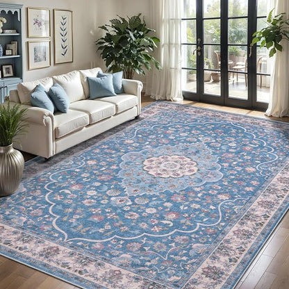 Tangsoo 6x9 Area Rug for Living Room,Washable Vintage Boho Rug Non-Slip Low Pile Large Rugs Soft Blue Beige Floral Indoor Floor Carpets for Bedroom Dining Room Dorm Office Home Office Decor