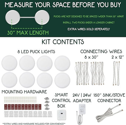 8 Puck Kit - Super Bright Wide Angle Light Spread - Smart Under Cabinet Lighting - 2700K-6500K - 95 CRI - WWA - Works With Alexa, Google, Apple - Matter Certified - Plug-In - Hands-Free Control Box