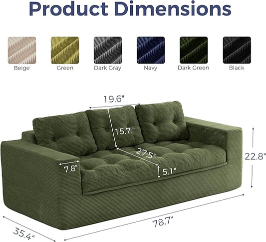 MAXYOYO 79" Loveseat Sofa Couch for Small Spaces, Upholstered Boneless Cloud Couch for Apartment Bedroom, 3-Seater Love Seat Floor Modern Sofa with Pillows, No Assembly Required, Dark Green