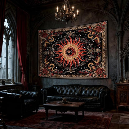 Neasow Gothic Sun Tapestry, Vintage Snake Rose Floral Wall Art, Mystic Black Red Retro Decor for Living Room Bedroom Home, 44x60 inches