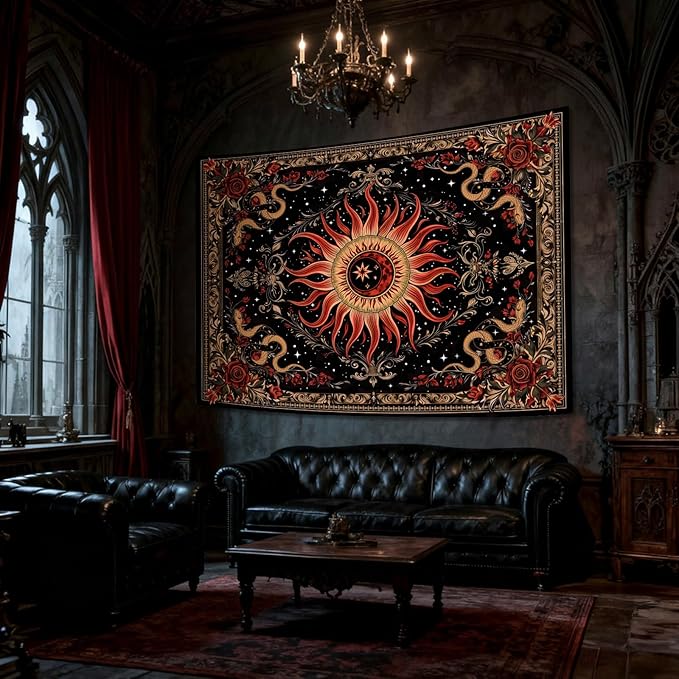 Neasow Gothic Sun Tapestry, Vintage Snake Rose Floral Wall Art, Mystic Black Red Retro Decor for Living Room Bedroom Home, 36x48 inches