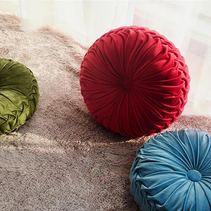 HIG Set of 2 Dusty Blue Ruched Velvet Round Throw Pillows – 14.5’’ Decorative Pillows with Soft Polyester Filling for Couch, Bed, Living Room, Bedroom, or Dorm – Handmade, Stress Relieving, All-Season