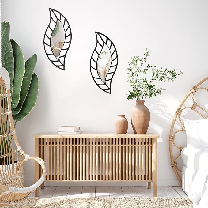 Roowest 2 Pcs Decorative Mirror Wall Decor Leaf Teardrop Mirror Wall Mounted Decorations for Living Room Bedroom Bathroom Vanity Entryway Office(Black)