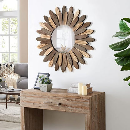 Honiway Boho Wall Decor 21 inch Wall Mirror Rustic Wood Decorative Mirror for Room Decor Rustic Home Decor Farmhouse Wall Decor at Living Room Bedroom Bathroom Hallway Trilcolor