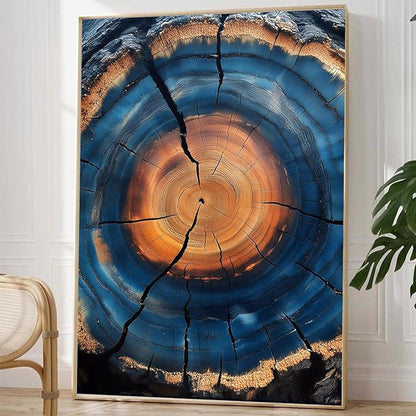IBHJSART Framed Tree Ring Canvas Wall Art Blue Wall Art Wood Stump Painting Prints Modern Minimalist Pictures Neutral Nature Rustic Farmhouse Decor Living Room Bedroom Bathroom Office