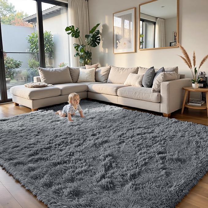 yongyangjuxin Fluffy Rug Shag Area Rug, Grey 10x14 Area Rugs for Bedroom, Super Soft Shag Rugs for Living Room Bedroom Kids Room Home Decor, Upgrade Anti-Skid Rectangular Fuzzy Rug