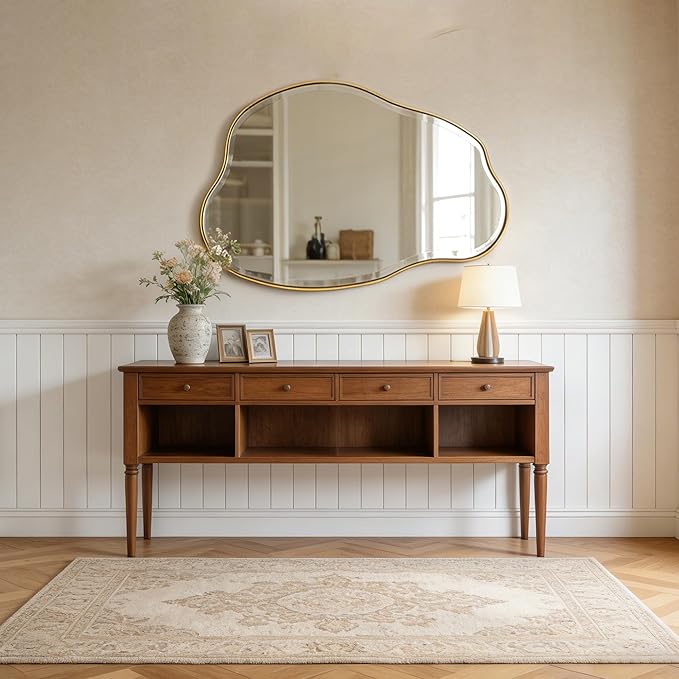 POZINO Irregular Beveled Mirror, 42"x28" Asymmetrical Bathroom Vanity Mirror with Gold Metal Frame, Cloud Shaped Wall Mirrors for Living Room Bedroom Hallway Entryway, Horizontal/Vertical Hanging