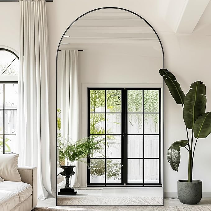 Antok Oversized Full Length Mirror with Stand, 91"x46" Arched Floor Mirror, Aluminum Frame, Wall Mounted/Leaning/Free Standing, Large Body Mirror for Bedroom Living Room Entryway Dressing Room,Black
