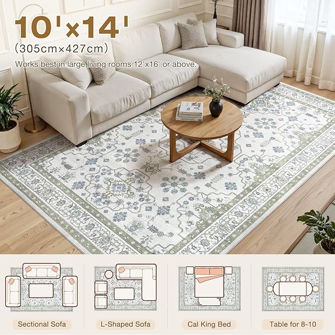 Area Rug 10x14 for Living Room - Washable Oriental Vintage Floral Distressed Large Indoor Carpets with Non Slip Back for Bedroom Dining Room Nursery Office Home Decor -Light Green
