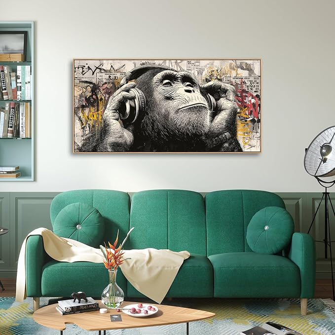 Sorbrozo Urban Graffiti Gorilla with Headphones Wall Art - Colorful Animal Canvas Painting Modern Home Decor for Living Room Boys Bedroom Music DJ Theme Gift Idea 24x48in