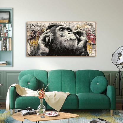Sorbrozo Urban Graffiti Gorilla with Headphones Wall Art - Colorful Animal Canvas Painting Modern Home Decor for Living Room Boys Bedroom Music DJ Theme Gift Idea 24x48in