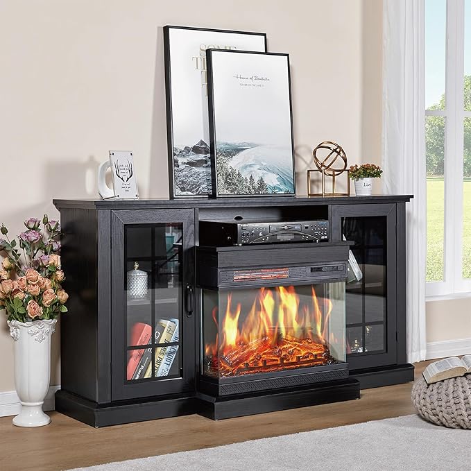 AMERLIFE 3-Sided Glass Fireplace TV Stand for TVs up to 65'', Media Entertainment Center Console Table with Door Closed Storage, Black