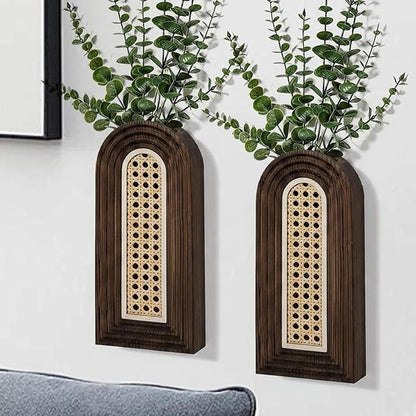 Dnnnii 2 Pack Wooden Wall Vase Set - Dark Brown Finish Hollow Rattan Modern Farmhouse & Boho Wall Decor for Entryway, Hallway, Bathroom, Living Room, Dining Room, Narrow Spaces
