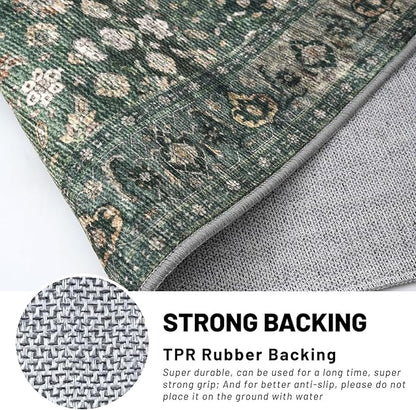 KUTA 5x7 Area Rugs Dark Green, Vintage Washable Rugs for Living Room Ultra Thin Soft Non-Slip Printed Distressed Tribal Traditional Farmhouse Carpet for Bedroom Dining Room Dorm Office Home