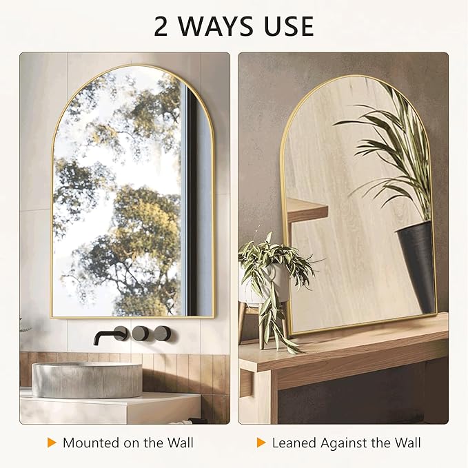 Arched Bathroom Mirror for Wall, 38" x 26" Gold Metal Frame Vanity Mirror, HD Glass Over Sink for Bathroom, Entryway, Bedroom