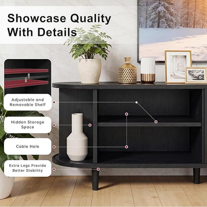 58" Mid Century Modern TV Stand, Wood TV Consoles with Sliding Doors and Power Outlet, Fluted Entertainment Center with Adjustable Shelves, Media Console for Living Room, Black