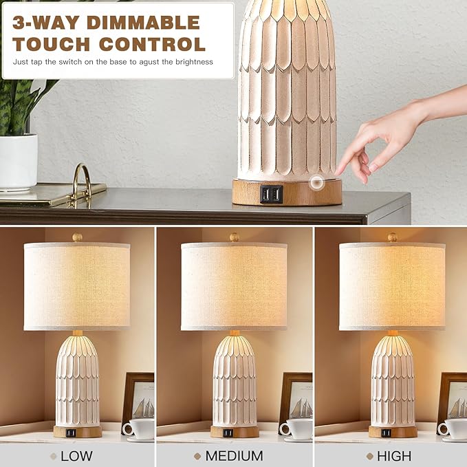 Cinkeda Boho Table Lamps Set of 2, Farmhouse 3-Way Dimmable Touch Nightstand Lamp with 2 USB Charging Ports, White Vintage Bedside Lamp for Bedroom Living Room End Table (Bulbs Included)