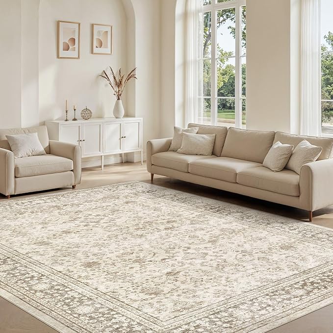 Area Rug 9x12 Washable Vintage - Soft Traditional Rugs for Living Room Large Non Slip Backing with Low Pile Farmhouse Oriental Retro Carpet for Bedroom Dining Room or Home Office - Yellowish Brown