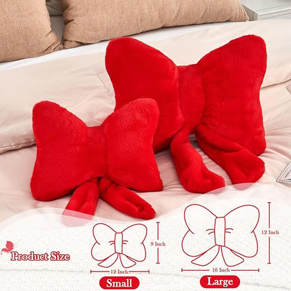 XVTRU Red Bow Pillow, Soft Bow Decorative Pillows with Faux Rabbit Fur, Cute 16" Bow Throw Pillows, Aesthetic Home Decor Bow Shaped Plush Pillow for Bedroom Sofa Couch