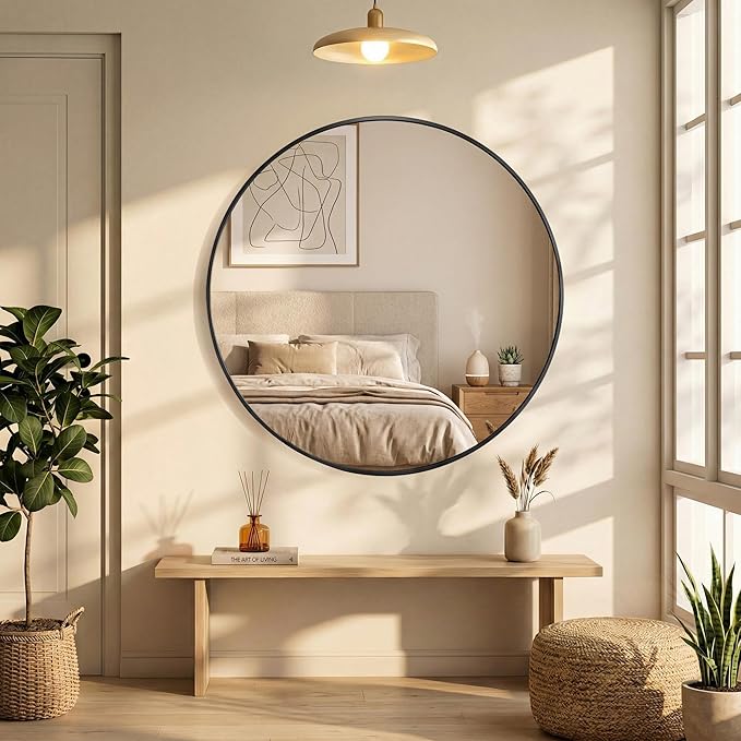 DUMOS 20 Inch Round Wall Mirror, Bathroom Mirror with Metal Frame, HD Reflection Shatterproof Glass Vanity Mirror, Decor for Bathroom Vanity Bedroom Entryway, Black