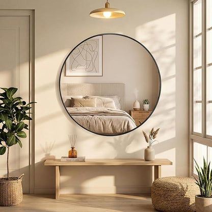 OLIXIS Bathroom Round Mirror for Over Sink, 20 Inch Wall Circle Mirror with Matte Metal Framed, Modern Wall Mount Vanity Mirror for Home Decor, Living Room, Bedroom, Black