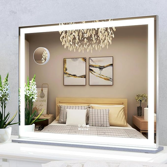 ANYHI Vanity Mirror with Lights, 28.3"x22.1" Tabletop Vanity Mirror with Lights and Stand, 3 Color Modes, 10X Magnification, Smart Touch Control, Wall Mount/Desk Mirror for Bedroom Makeup Room, Silver