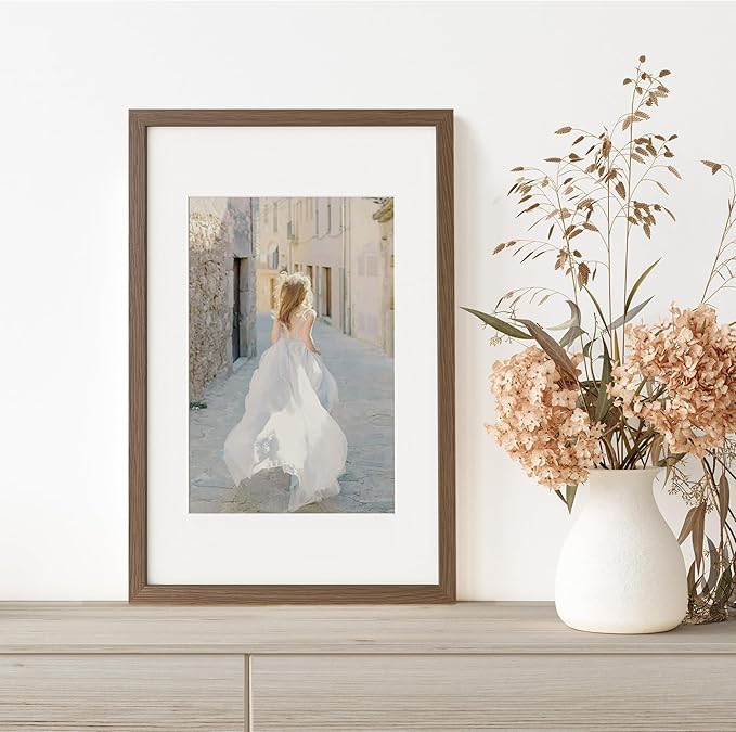11x17 Oak Picture Frame, Solid Oak 11x17 Poster Frame with Mat to 8x12(Openning Size is 7.5x11.5), Natural Wood 17x11 Frames for Wall, (Walnut Set of 1)
