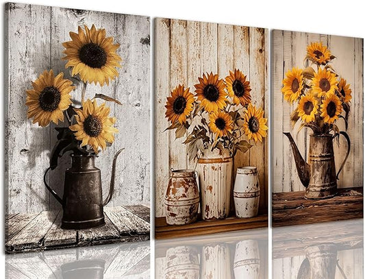 AOYUSMO 3 Piece Sunflower Wall Art Rustic Vintage Floral Canvas Wall Art Flower in Pitcher Pictures Wall Decor Farmhouse Art Prints for Kitchen Living Room Bedroom 12"x16" Framed