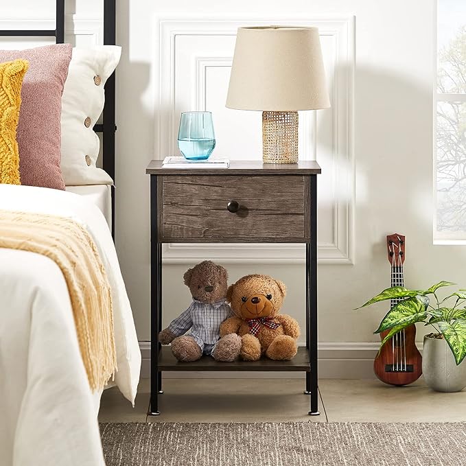 VECELO Nightstand,Modern Bedside End Table, Night Stand with Drawer and Storage Shelf for Living Room Bedroom, Industrial Metal Frame
