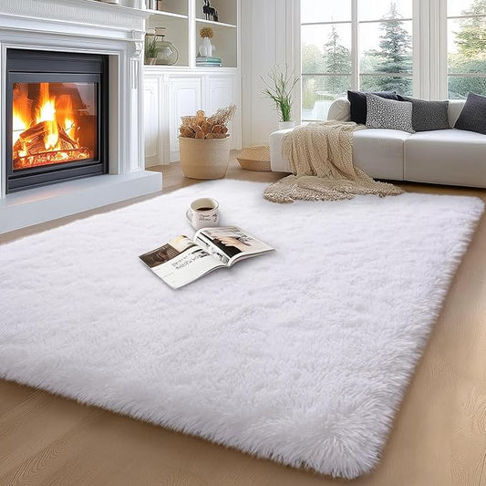 qulint 5x7 White Rugs for Living Room, Shag Fluffy Rug for Bedroom Soft Large Carpet for Kids Room, Shaggy Fuzzy Alfombras Modernas for Boys and Girls Dorm Nursery Home Decor (5ft x 7ft, White)