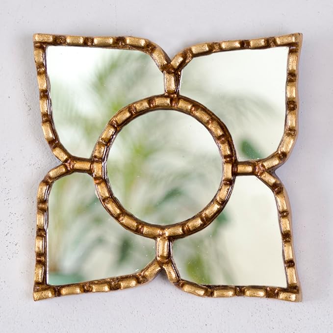 Small Gold Peruvian Mirror Bronze Leaf Frame Handmade Wall Decor 6" Square - 8.3" Diamond - Gift Mothers Day (Gold)