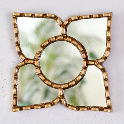 Small Gold Peruvian Mirror Bronze Leaf Frame Handmade Wall Decor 6" Square - 8.3" Diamond - Gift Mothers Day (Gold)